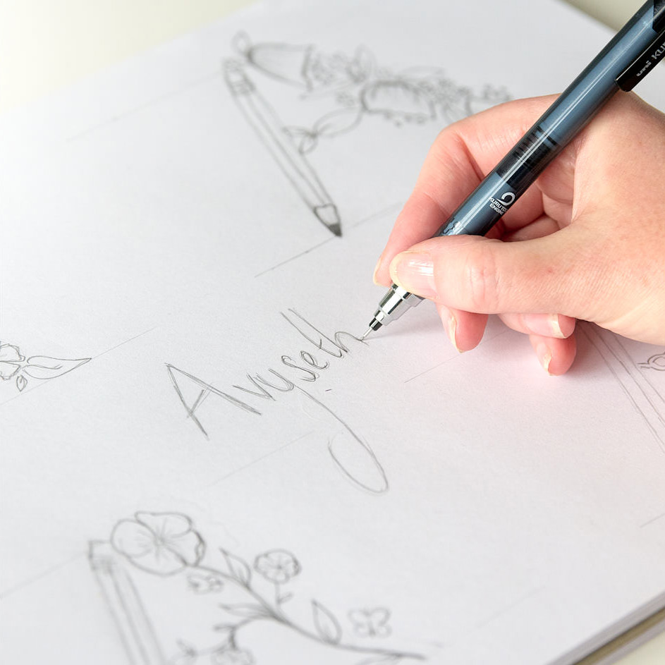 Product photography – hand sketching logo design with pencil on paper