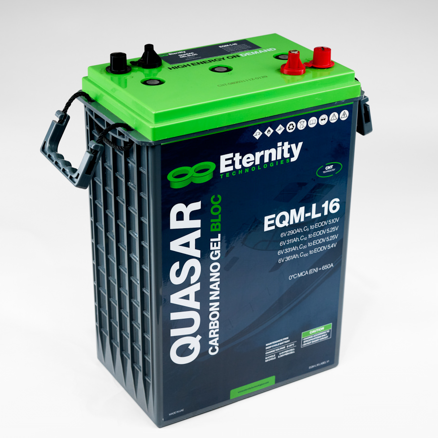 Eternity Technologies QUASAR EQM-L16 carbon nano gel battery on white, showing terminals and carry handles